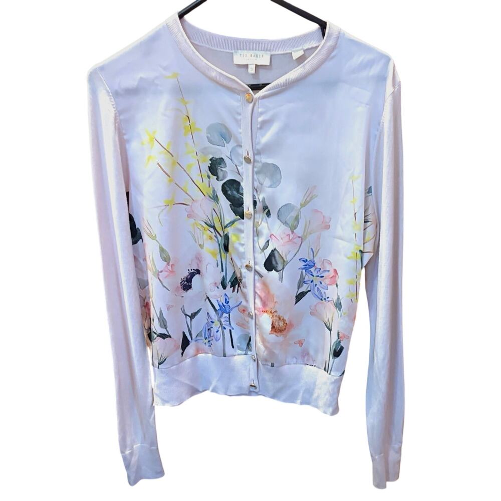 Ted Baker Women’s Watercolor Floral Button Front Cardigan Sz M Glam Old Money
